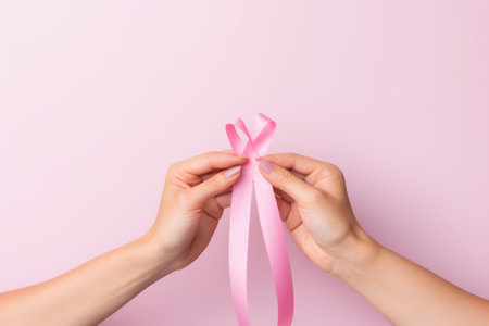 Pink ribbon held in female hands. Symbol of the fight against breast cancerの素材