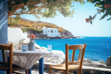 Greek culture with traditional white and blue greek architecture, taverna.の素材