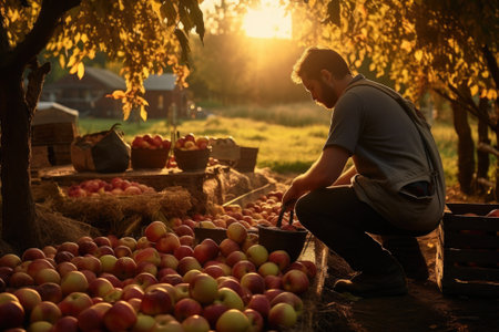 A man kneeling on the ground with a bucket of applesの素材