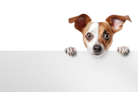 Surprised dog with big eyes looking from behind a white frameの素材