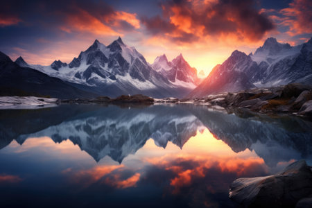 A lake with mountains and a sunsetの素材