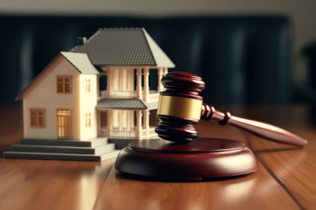 A gavel on a wooden stand next to a model houseの素材