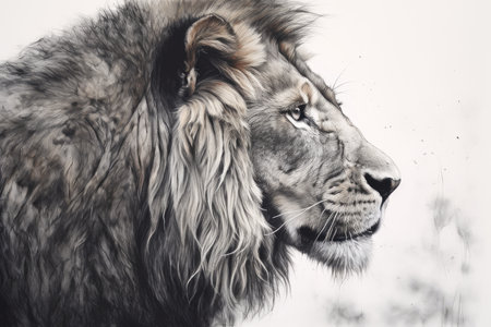 Black and white portrait of a lion with a long maneの素材