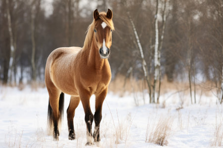 A horse standing in a snowy fieldの素材
