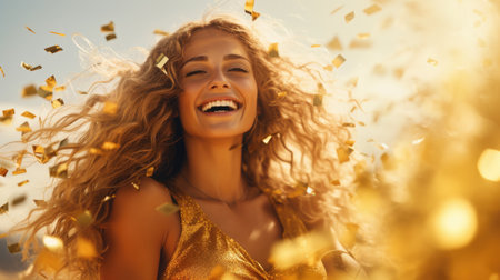 A woman with curly hair and gold confetti falling in the airの素材