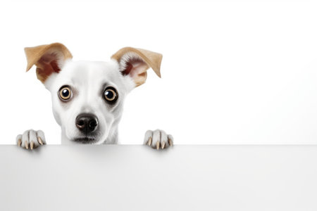 Surprised dog with big eyes looking from behind a white frameの素材