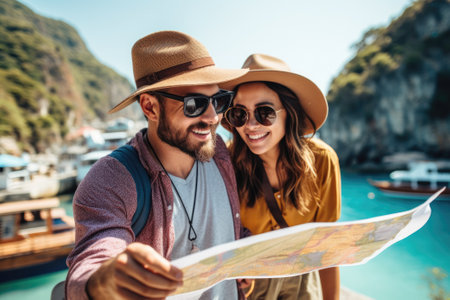 A man and woman looking at a map. Honeymoon tripの素材