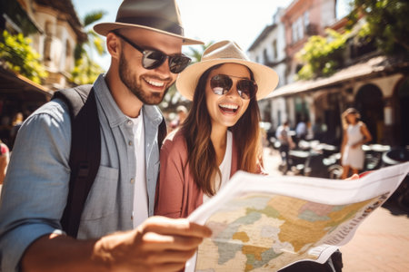 A man and woman looking at a map. Honeymoon tripの素材