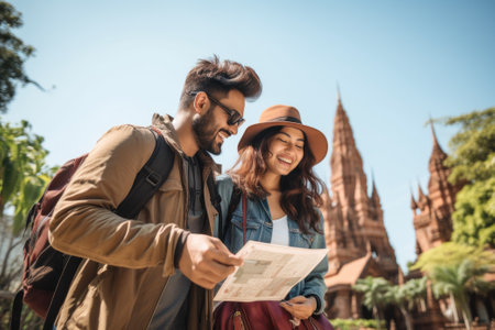 A man and woman looking at a map. Honeymoon tripの素材