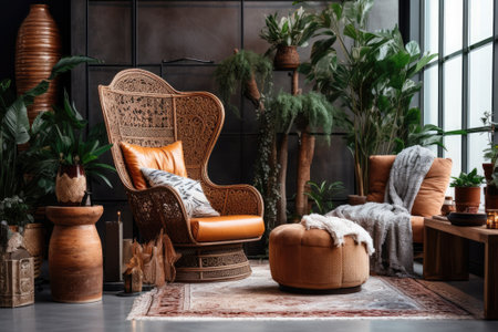 Wicker rattan armchair and table in the living roomの素材