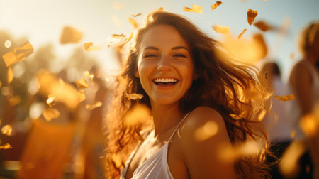A woman with curly hair and gold confetti falling in the airの素材