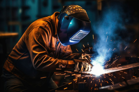 Industrial welder with torch in the factoryの素材