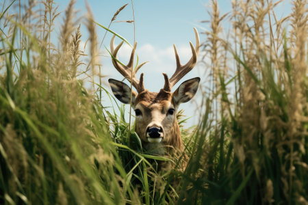 Deer head in tall grassの素材