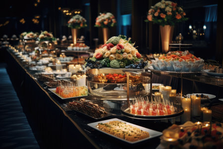 Catering buffet food on a long table in a hotel restaurantの素材