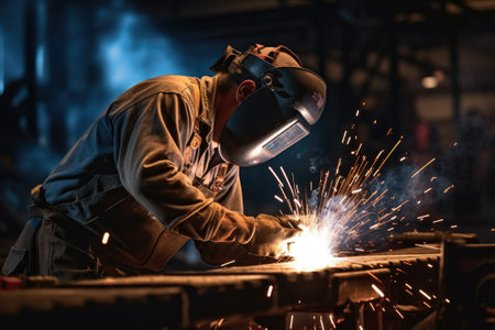 Industrial welder with torch in the factoryの素材