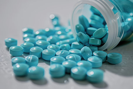 Blue pills with bottle on white background. Medicine pillsの素材