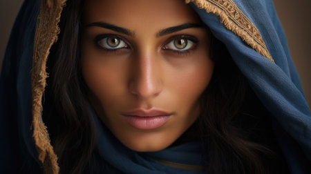 Piercing look into the eyes of an Arab woman with a headscarfの素材