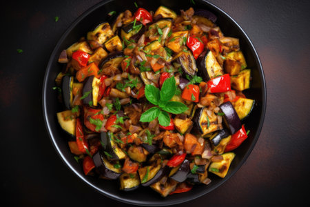 Ratatouille bowl made of eggplant, zucchini, pepper, onion and tomatoの素材