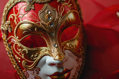 Festive Venetian carnival mask with gold decorations on red background.の素材