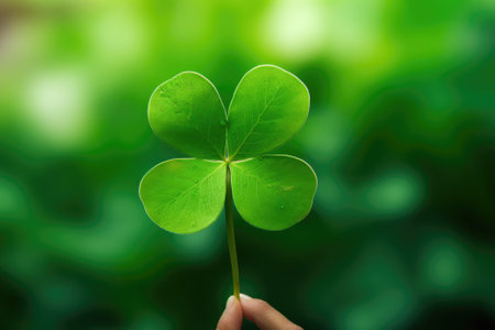 A person finds luck and happiness outdoors as they hold a green shamrock in their handの素材
