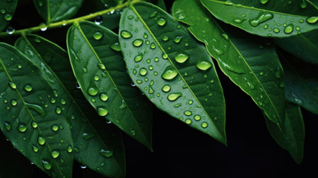 A close up of water droplets on leavesの素材