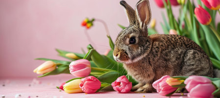Easter bunny with tulips flower on a pink backgroundの素材