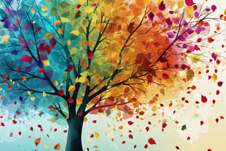 A vivid painting of a tree and falling colorful leaves captures the essence of nature's beauty and the power of art.の素材