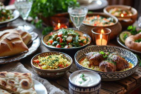 Ramadan kareem Iftar party table with assorted festive traditional Arab dishesの素材