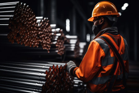 Man in helmet and safety vest in steel factoryの素材