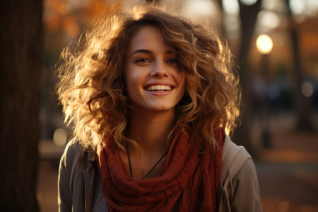 A joyful girl with curly brown hair and a bright smileの素材