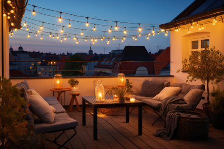 A patio with a table and chairs and lights. Autumn evening on the roof terrace of a beautiful house with lanternsの素材
