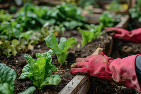 Gardeners hands planting and picking vegetables from backyard garden. Gardener in gloves prepares the soil.の素材