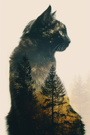 Domestic cat on white background with double exposure of autumn forest. Poster or t-shirt design.の素材