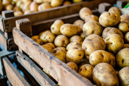 Wooden box full of potatoesの素材