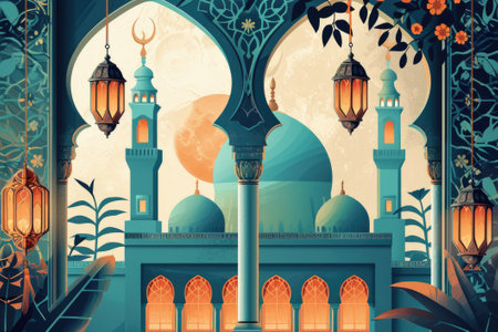 Ramadan Mubarak greeting cards. Windows and arches with moon, mosque dome and lanternsの素材
