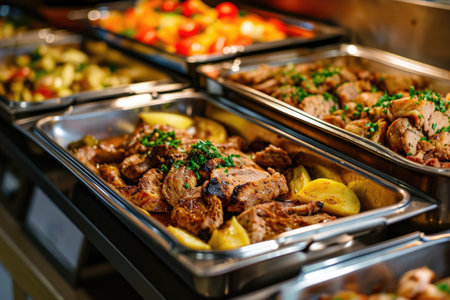 Catering buffet food indoor in restaurant with grilled meat. Buffet service for any festive event, party or wedding reception.の素材