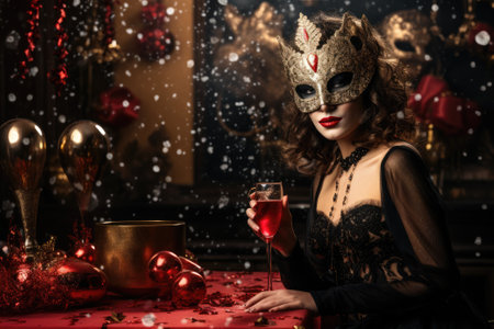 A woman wearing a mask and holding a glass of wineの素材