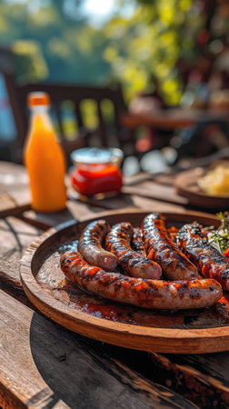 Delicious sausages on a wooden serving plateの素材