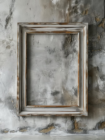 Empty wooden vertical frame for the presentation of works of art, photographs, prints and paintings on a cracked wallの素材