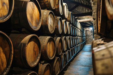 Wooden oak wine barrels stacked in a rowの素材