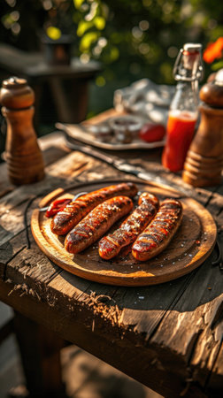 Delicious sausages on a wooden serving plateの素材