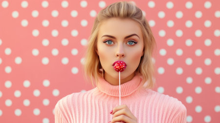 Portrait of a beautiful girl holding a lollipop isolated on a pink background. Pin-up girl with open mouth. Blonde model at retro fashion and vintage concept.の素材