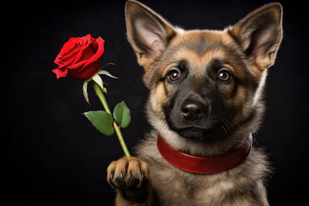 Cute dog holding a red rose as a Valentine's Day giftの素材