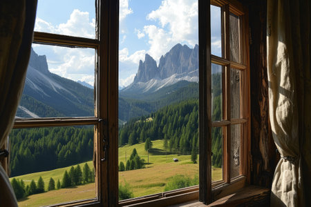 View from the window of the beautiful mountain landscape, the Dolomites.の素材