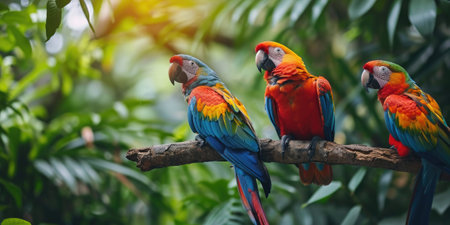Tropical birds sitting on a tree branch in the rainforestの素材