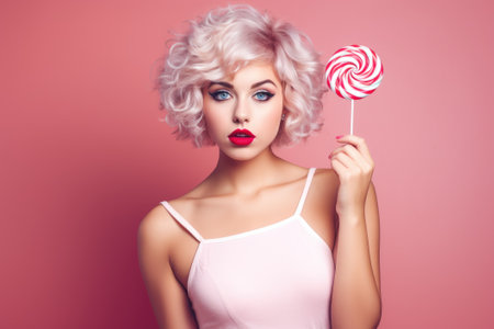 Portrait of a beautiful girl holding a lollipop isolated on a pink background. Pin-up girl with open mouth. Blonde model at retro fashion and vintage concept.の素材