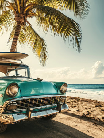 An old car parked on a tropical beach with a canoe on the roof.の素材
