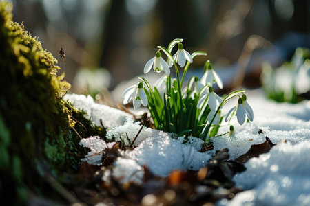 Snowdrop flowers blooming in snow covering. First spring flowersの素材