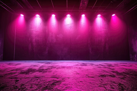 Empty dark red scene background, neon light and spotlights.の素材