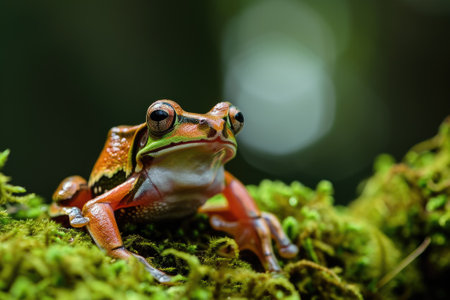 Orange frog sitting on moss.の素材